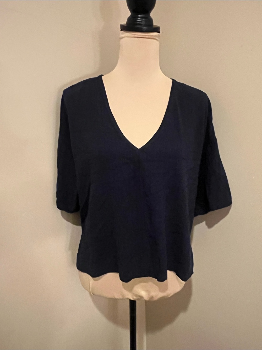 Baltic Born Deep Navy V-Neck Linen Blend Short Sleeve Top, Medium